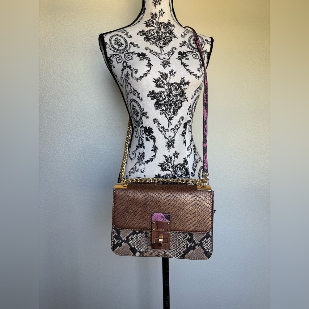 Aldo Brown Snake-Print Crossbody Bag with Pink Strap Accents and logo